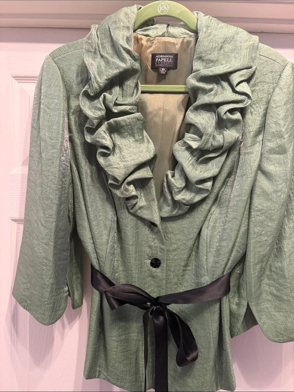 Adrianna Papell Sage Green Ruffle Collar Blazer with Satin Waist Tie